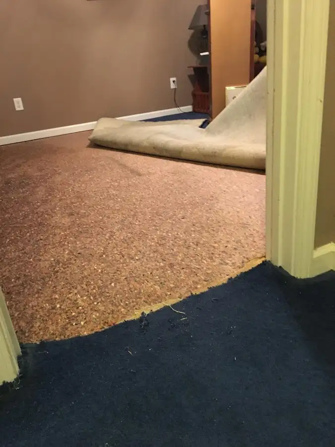 Carpet pad removal revealing water damage during Water Mitigation Services in Blair